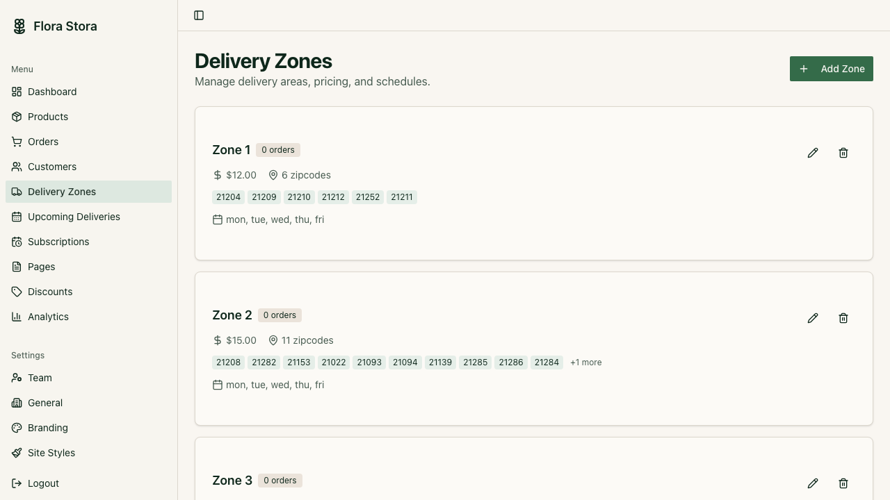 Delivery zone management with zip codes and scheduling
