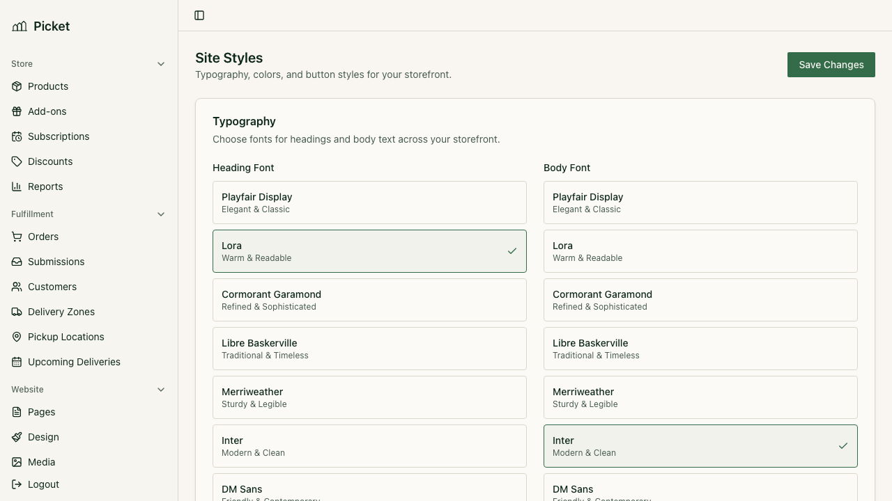 Site styles settings showing font and color options