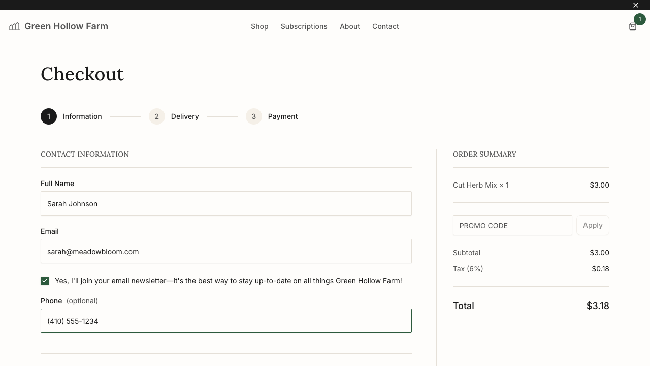 Checkout flow with contact information and order summary